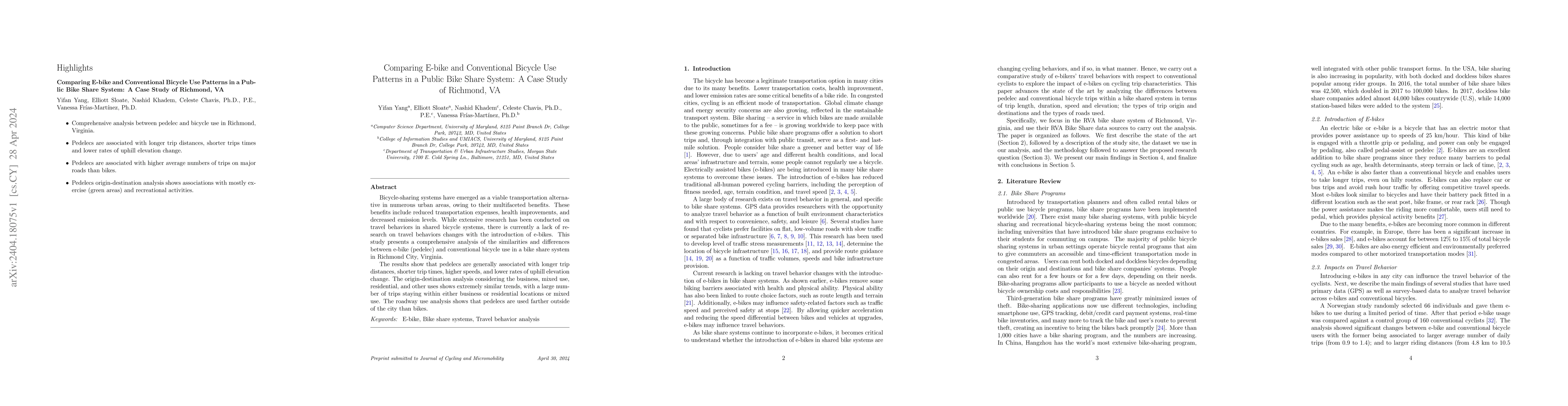 Thumbnail for Comparing E-bike and Conventional Bicycle Use Patterns in a Public Bike
  Share System: A Case Study of Richmond, VA