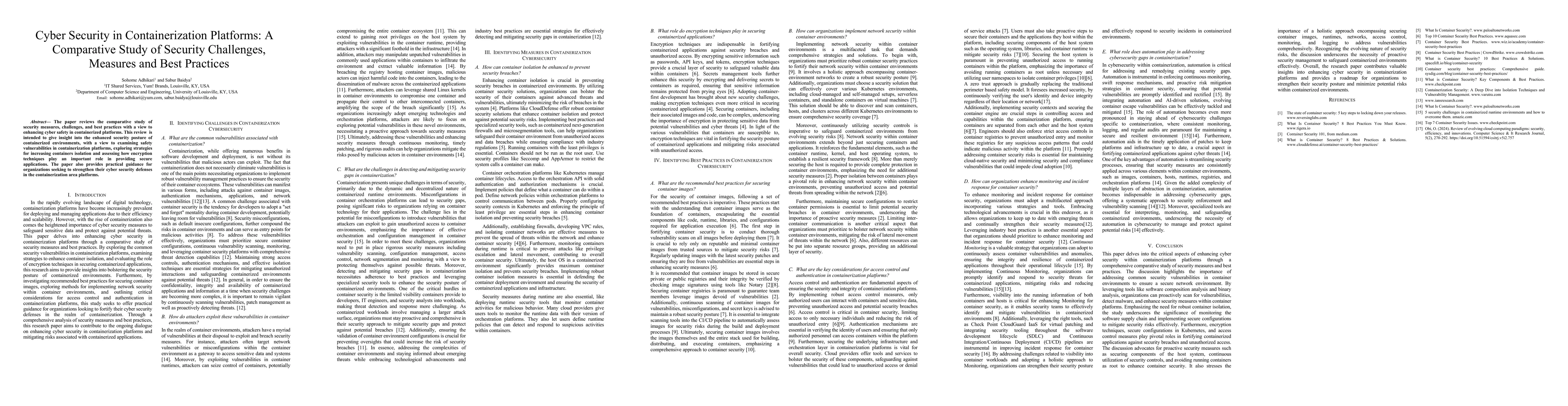 Thumbnail for Cyber Security in Containerization Platforms: A Comparative Study of
  Security Challenges, Measures and Best Practices