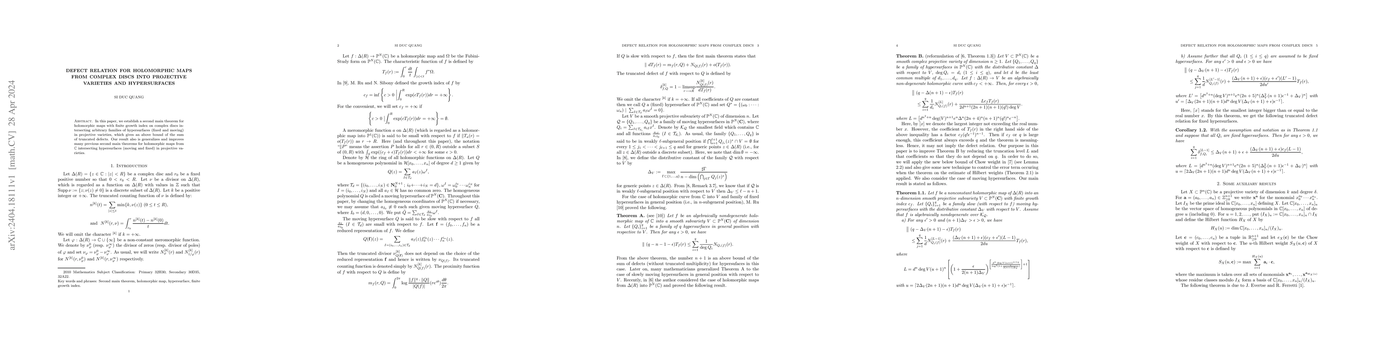 Thumbnail for Defect relation for holomorphic maps from complex discs into projective
  varieties and hypersurfaces