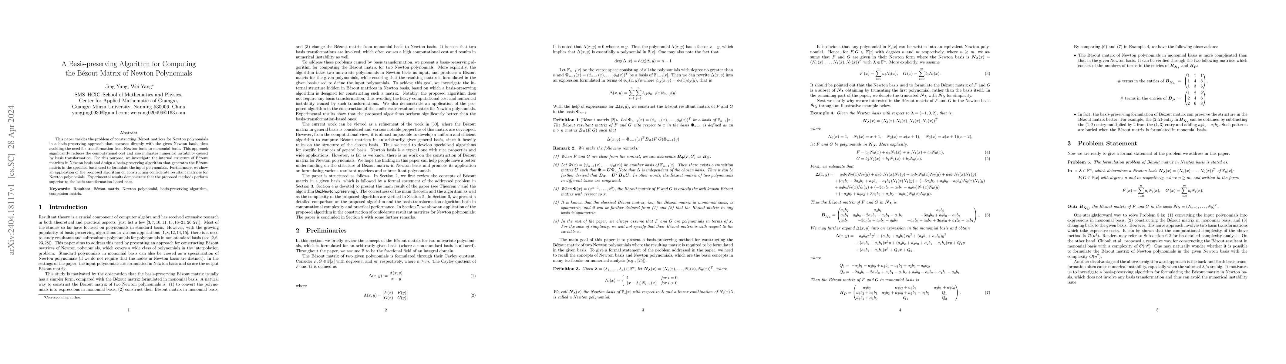 Thumbnail for A Basis-preserving Algorithm for Computing the Bezout Matrix of Newton
  Polynomials