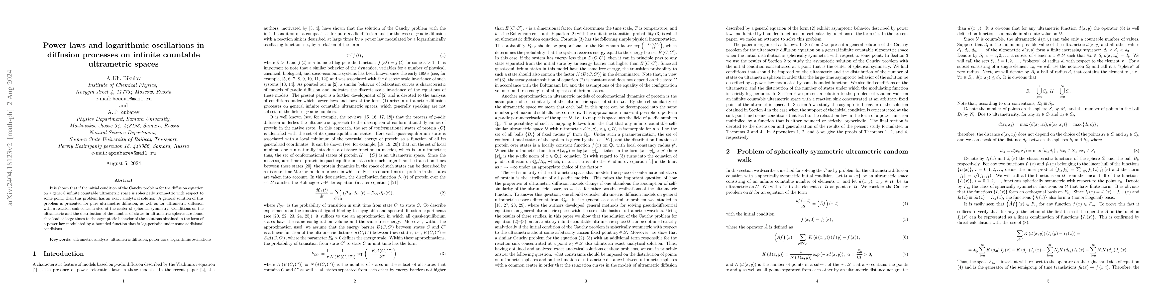 Thumbnail for Power laws and logarithmic oscillations in diffusion processes on
  infinite countable ultrametric spaces