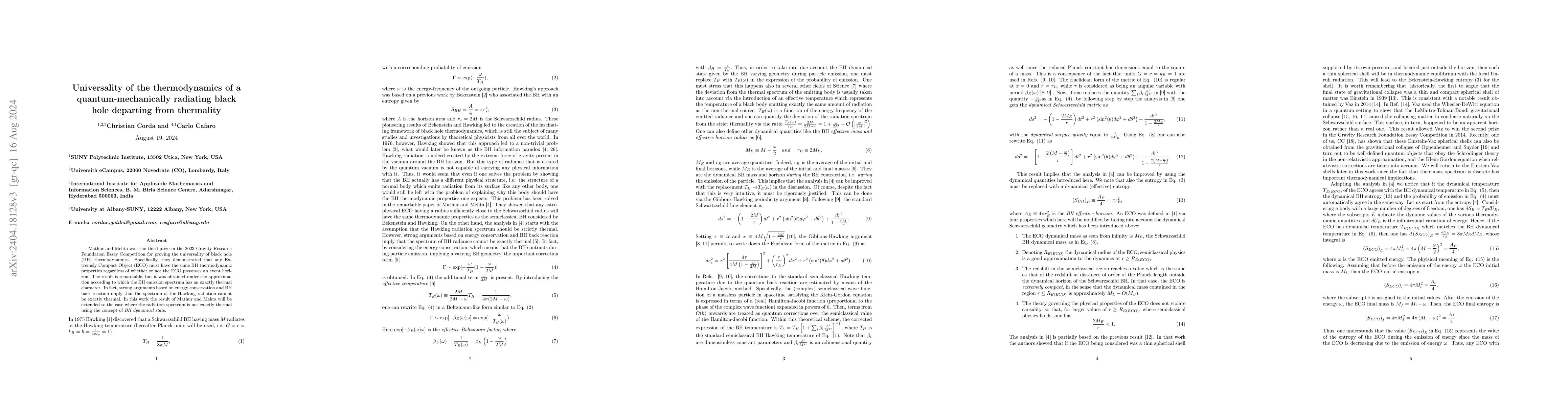 Thumbnail for Universality of the thermodynamics of a quantum-mechanically radiating
  black hole departing from thermality