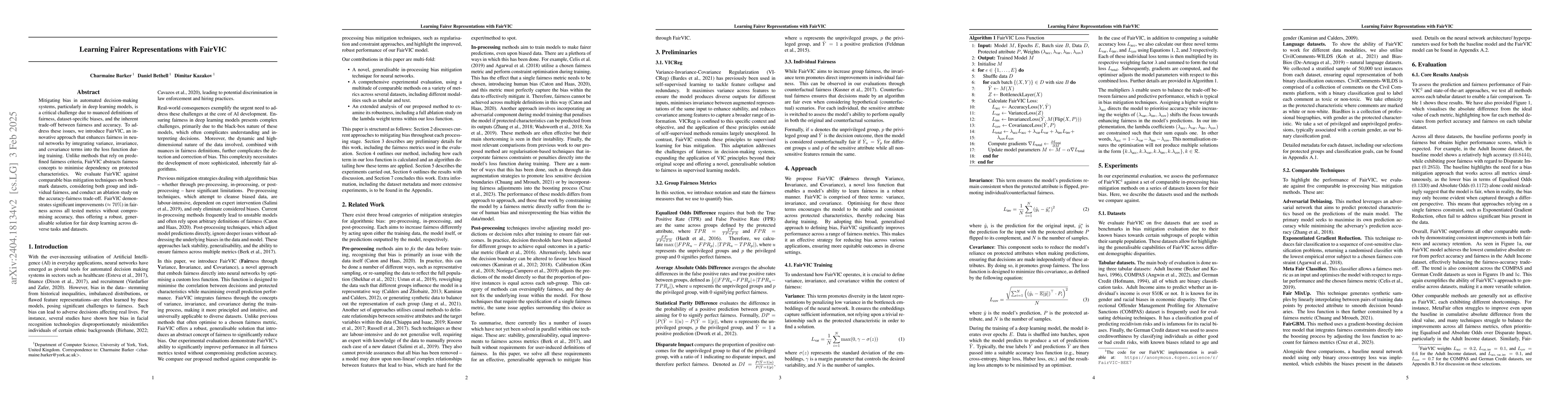 Thumbnail for Enhancing Fairness in Neural Networks Using FairVIC