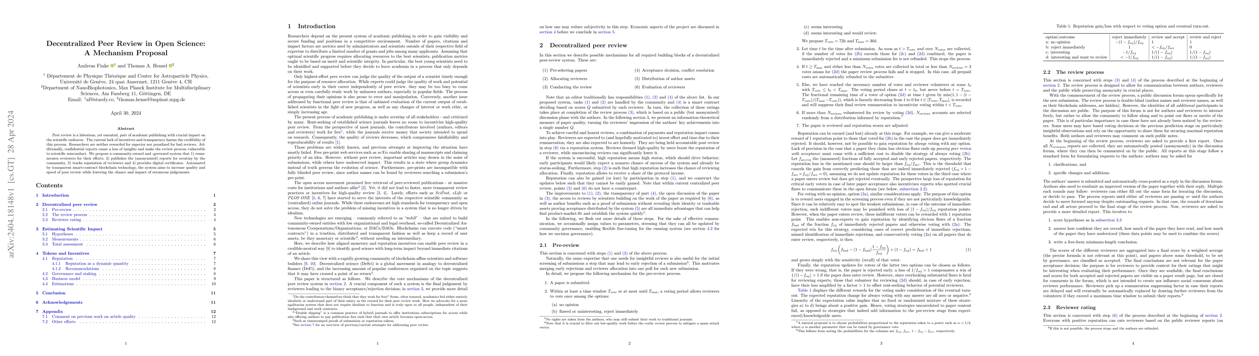 Thumbnail for Decentralized Peer Review in Open Science: A Mechanism Proposal