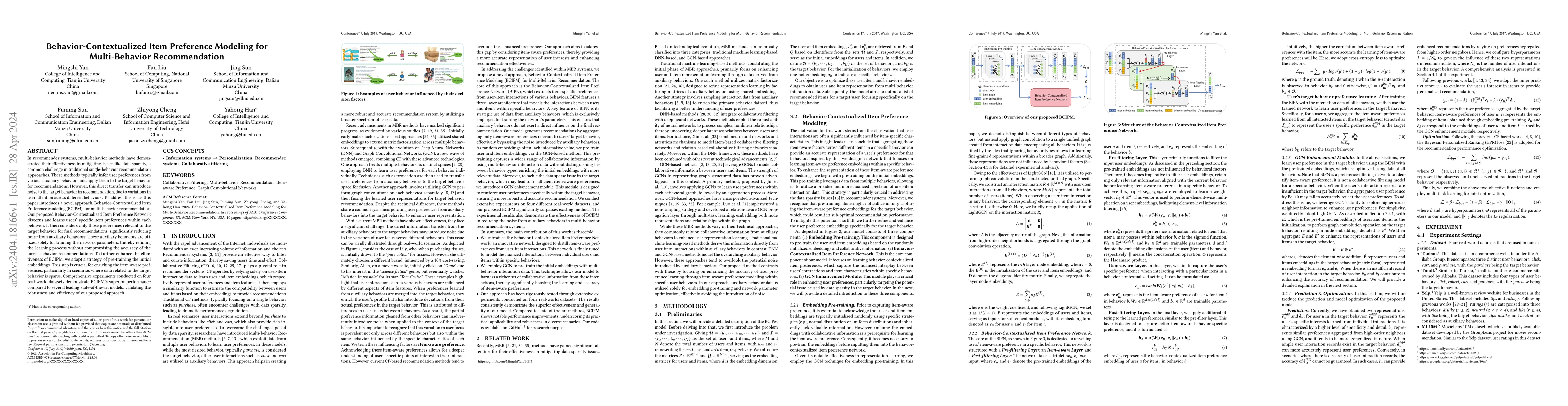 Thumbnail for Behavior-Contextualized Item Preference Modeling for Multi-Behavior
  Recommendation
