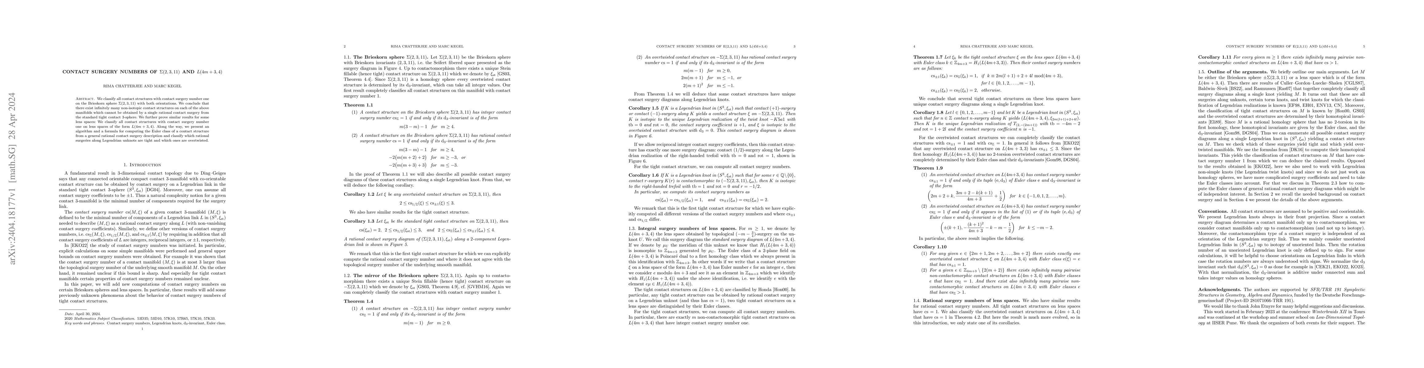 Thumbnail for Contact surgery numbers of Sigma(2,3,11) and L(4m+3,4)