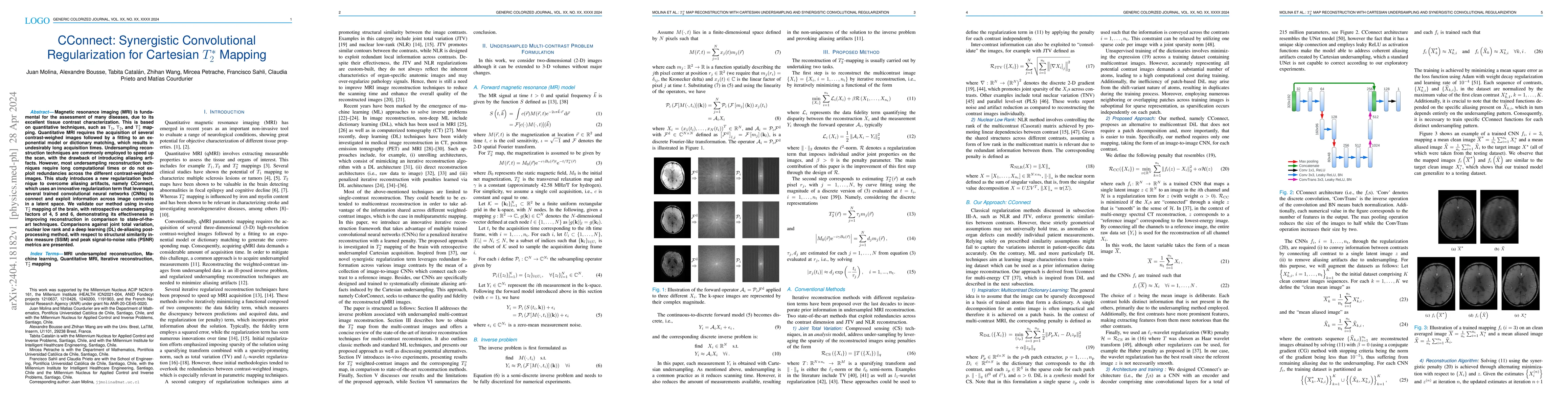 Thumbnail for CConnect: Synergistic Convolutional Regularization for Cartesian T2*
  Mapping