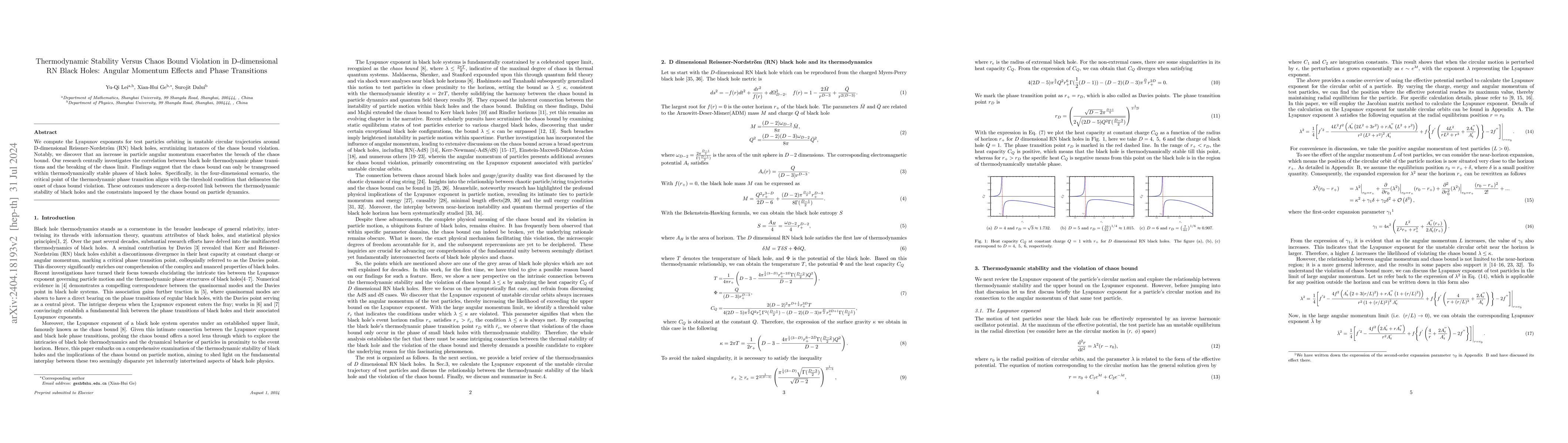 Thumbnail for Thermodynamic Stability Versus Chaos Bound Violation in D-dimensional RN
  Black Holes: Angular Momentum Effects and Phase Transitions
