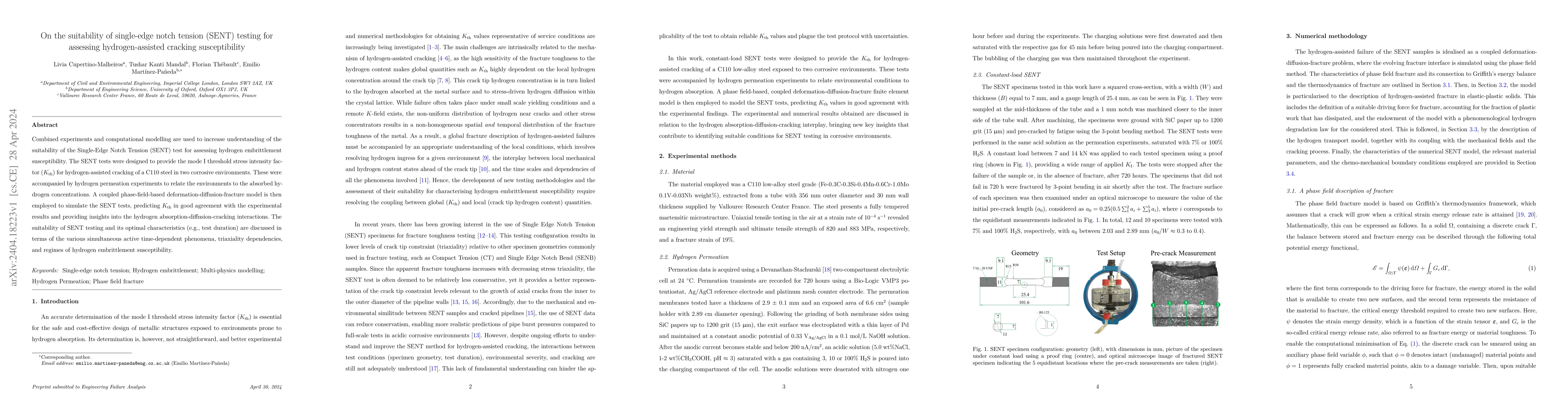 Thumbnail for On the suitability of single-edge notch tension (SENT) testing for
  assessing hydrogen-assisted cracking susceptibility
