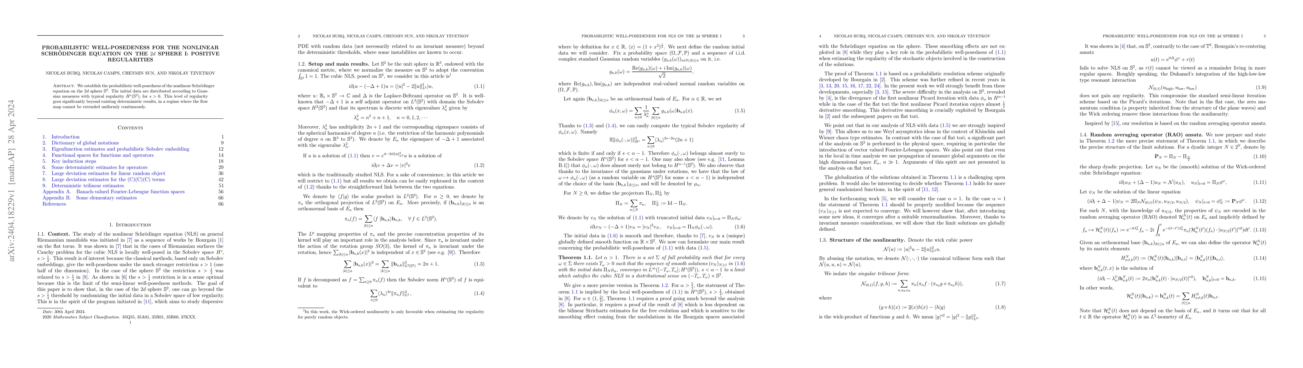 Thumbnail for Probabilistic well-posedeness for the nonlinear Schr\"odinger equation
  on the $2d$ sphere I: positive regularities