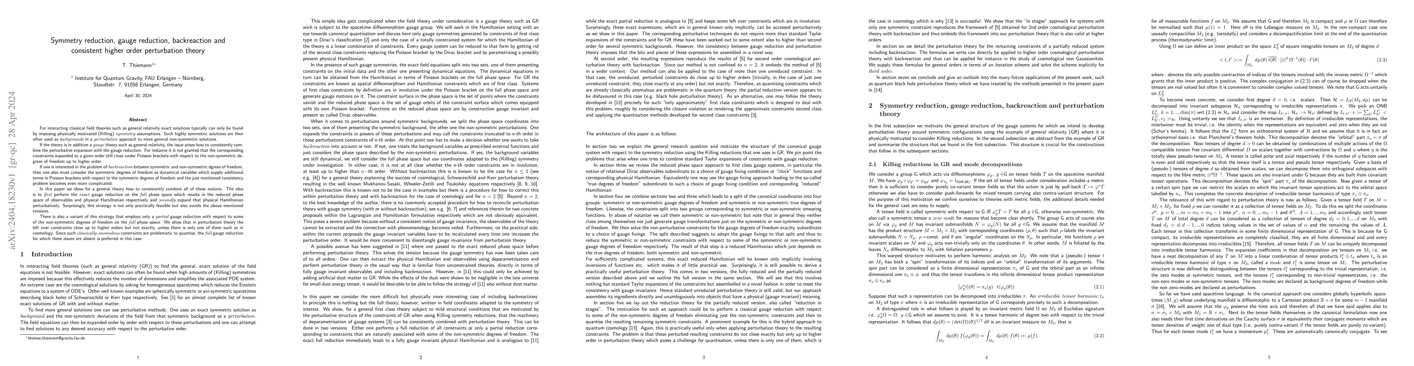 Thumbnail for Symmetry reduction, gauge reduction, backreaction and consistent higher
  order perturbation theory