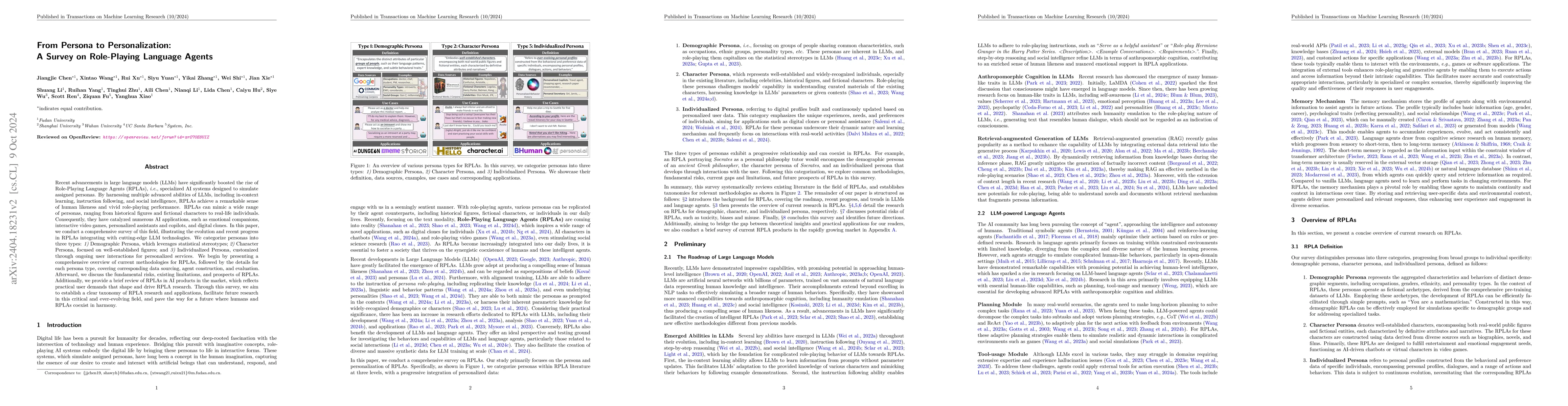 Thumbnail for From Persona to Personalization: A Survey on Role-Playing Language
  Agents