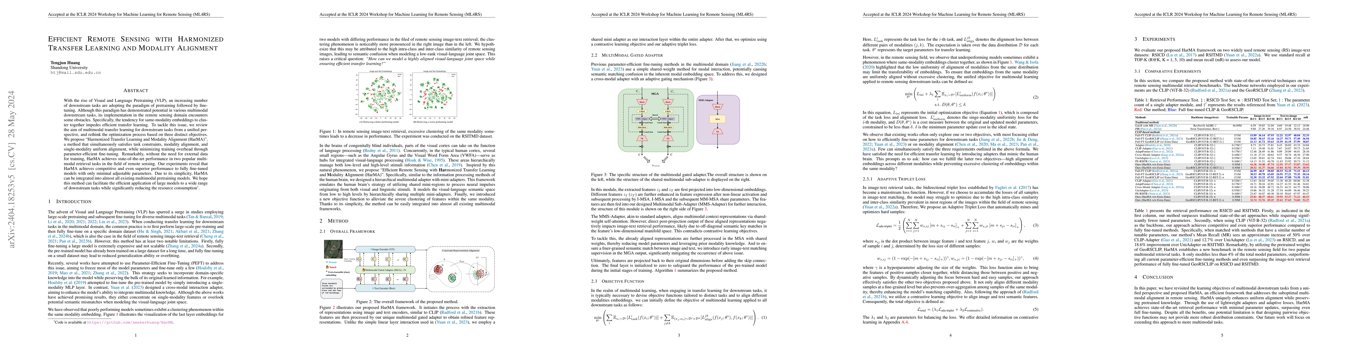 Thumbnail for Efficient Remote Sensing with Harmonized Transfer Learning and Modality
  Alignment