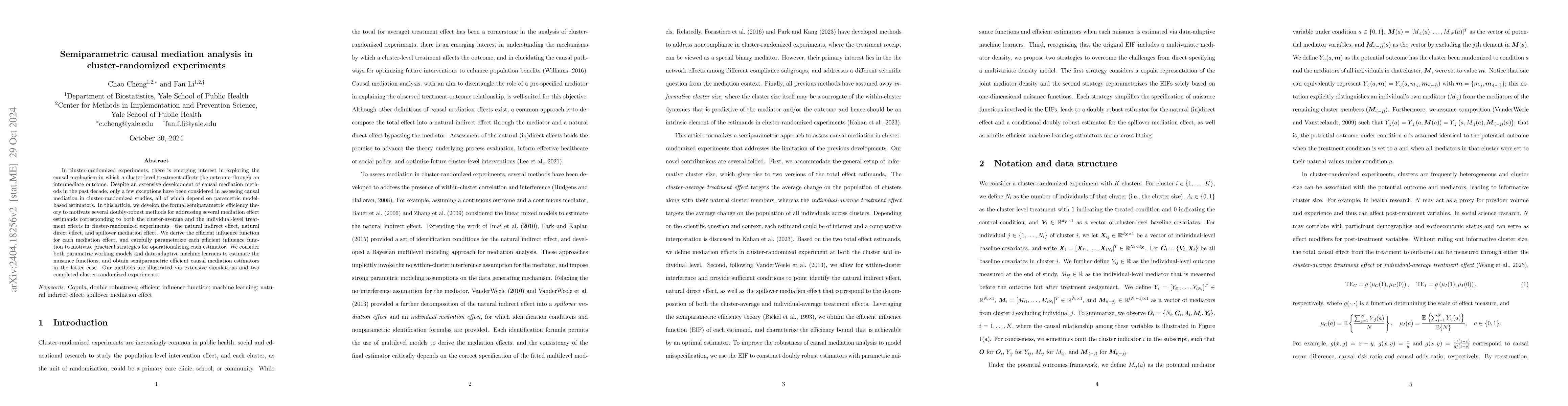 Thumbnail for Semiparametric causal mediation analysis in cluster-randomized
  experiments
