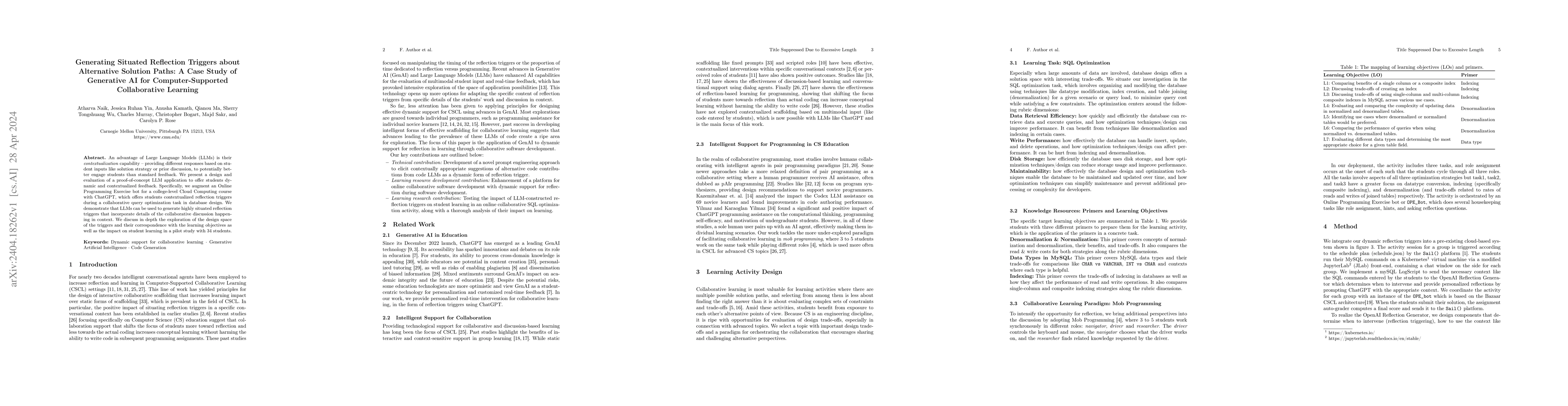 Thumbnail for Generating Situated Reflection Triggers about Alternative Solution
  Paths: A Case Study of Generative AI for Computer-Supported Collaborative
  Learning