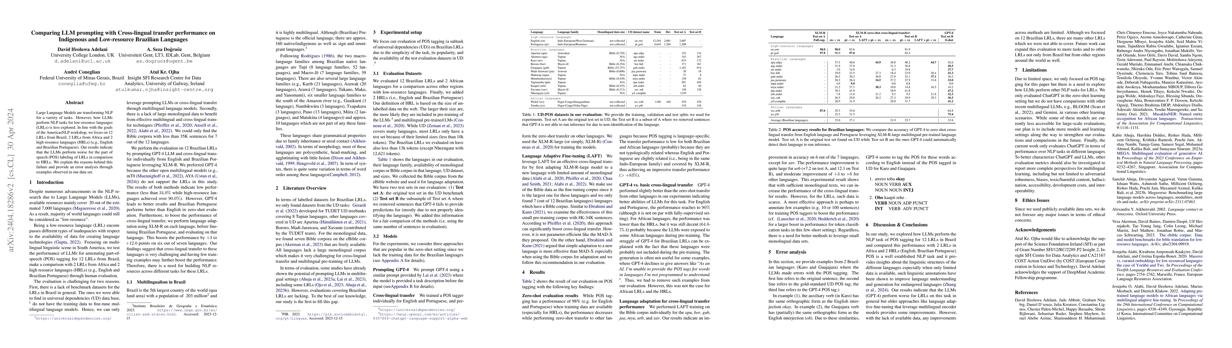 Thumbnail for Comparing LLM prompting with Cross-lingual transfer performance on
  Indigenous and Low-resource Brazilian Languages