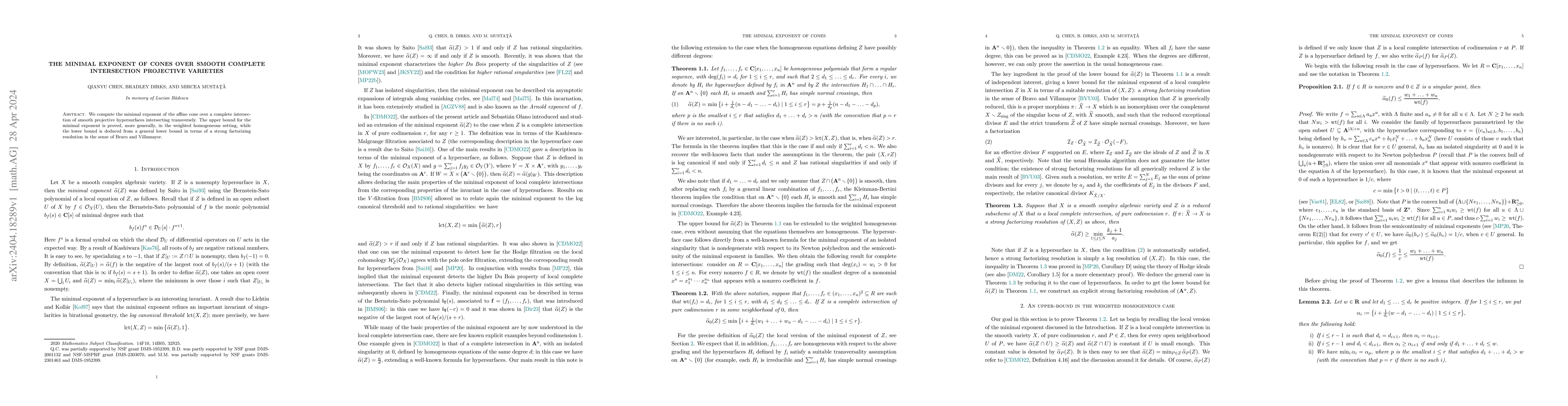 Thumbnail for The minimal exponent of cones over smooth complete intersection
  projective varieties