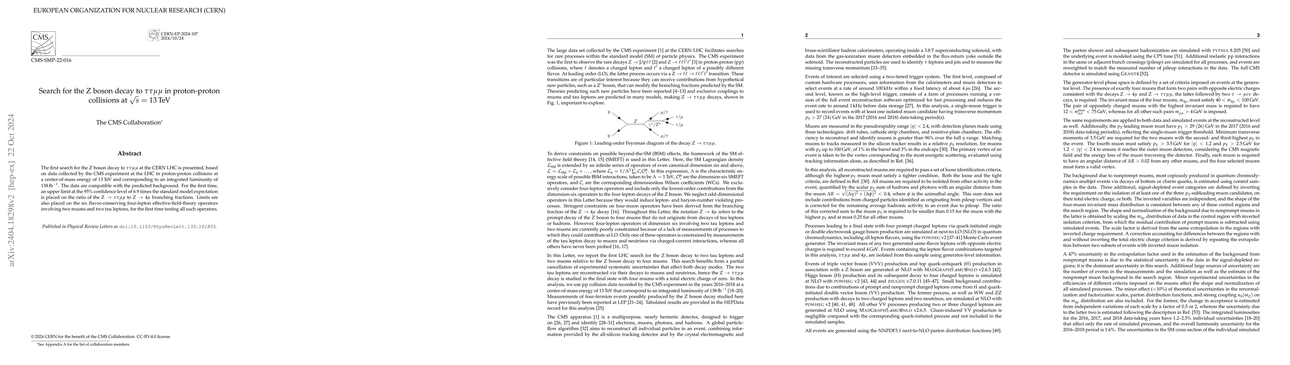Thumbnail for Search for the Z boson decay to $\tau\tau\mu\mu$ in proton-proton
  collisions at $\sqrt{s}$ = 13 TeV