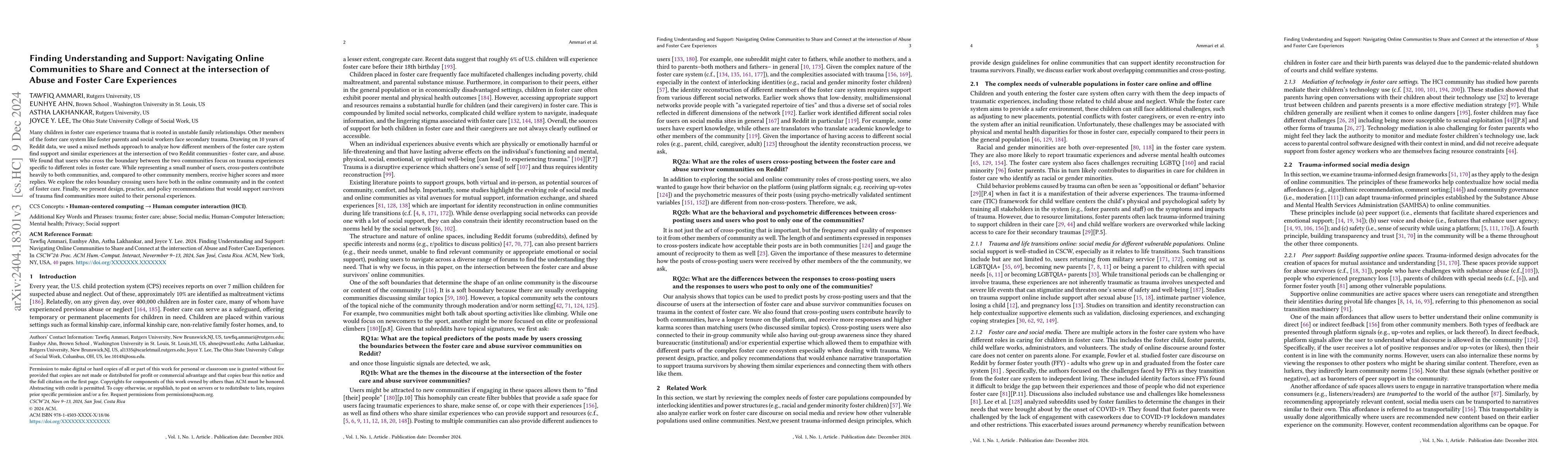 Thumbnail for Finding Understanding and Support: Navigating Online Communities to
  Share and Connect at the intersection of Abuse and Foster Care Experiences