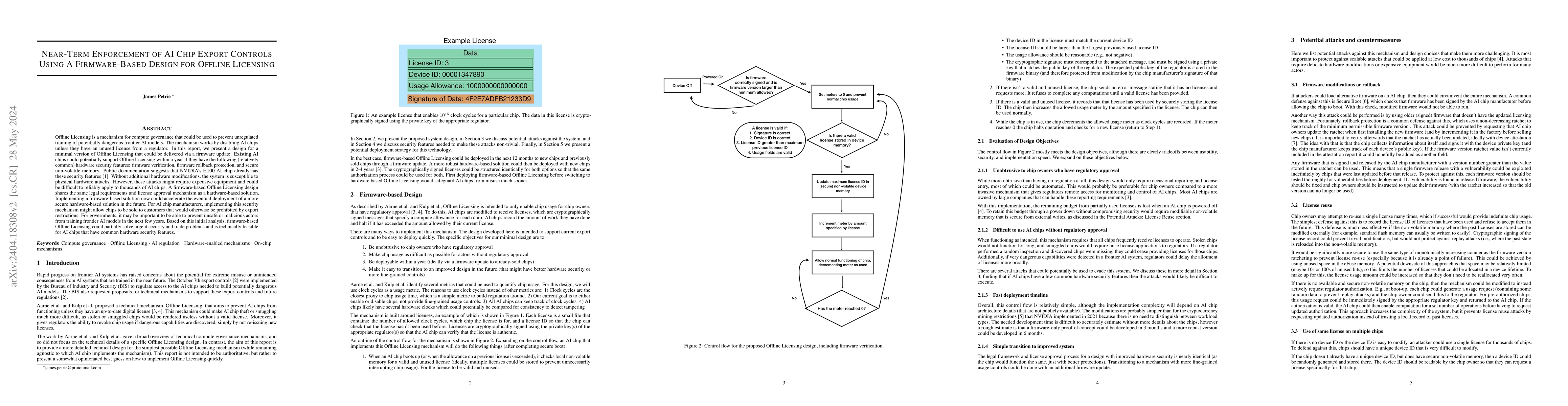 Thumbnail for Near-Term Enforcement of AI Chip Export Controls Using A Firmware-Based
  Design for Offline Licensing