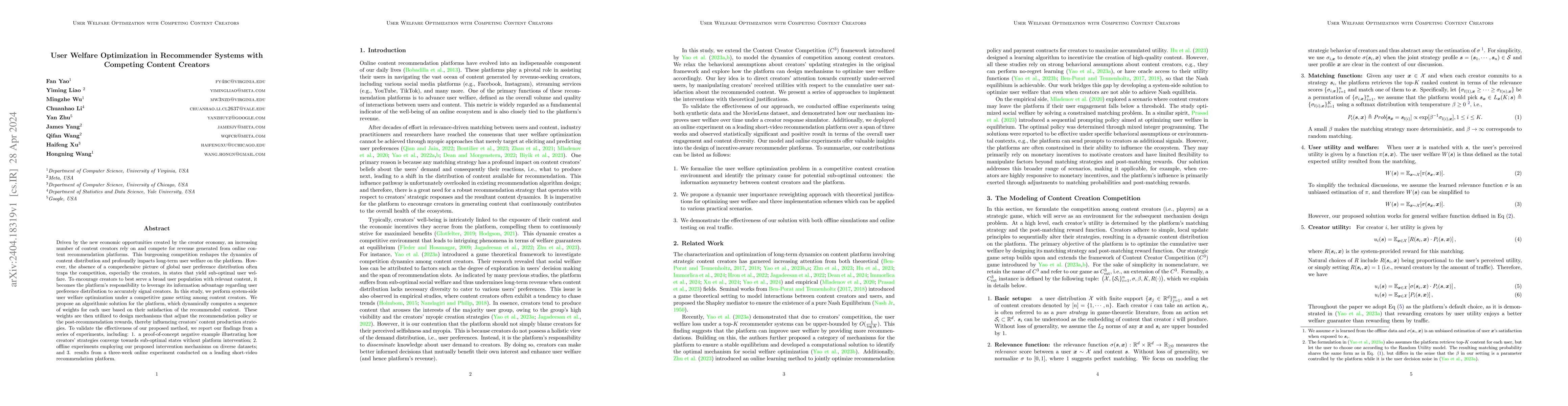 Thumbnail for User Welfare Optimization in Recommender Systems with Competing Content
  Creators