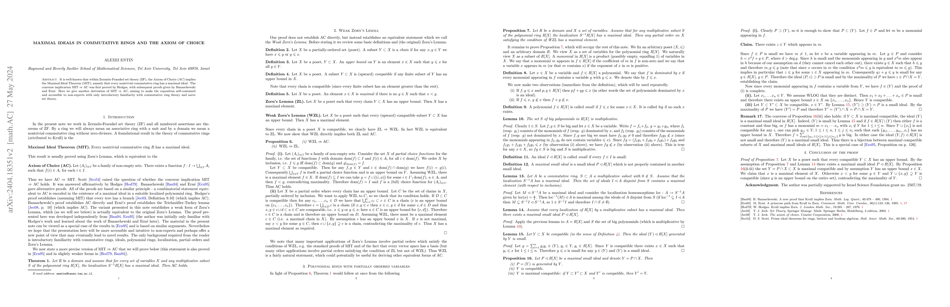 Thumbnail for Maximal Ideals in Commutative Rings and the Axiom of Choice