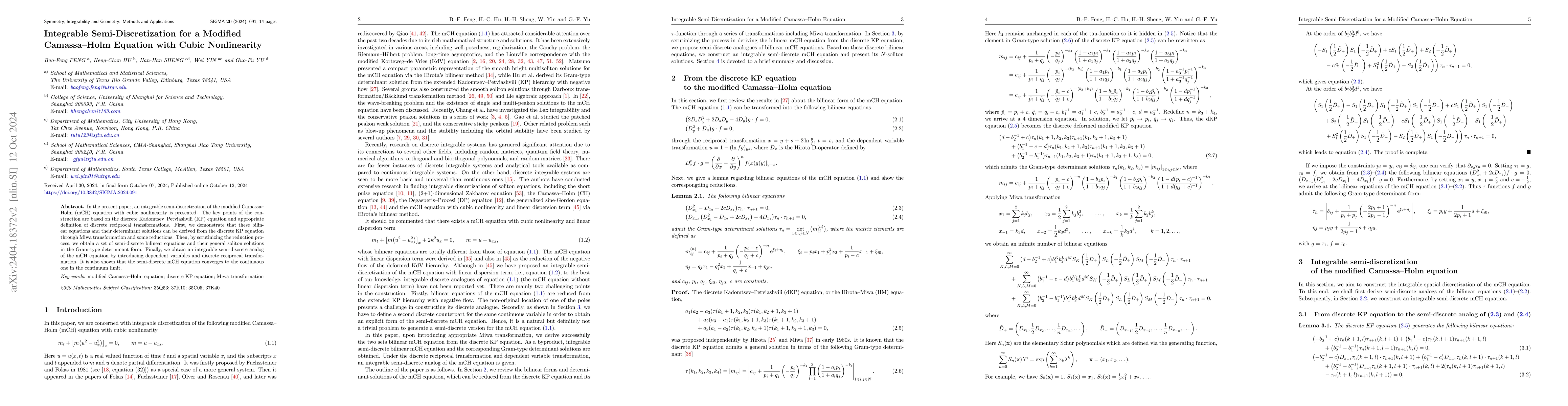Thumbnail for Integrable semi-discretization for a modified Camassa-Holm equation with
  cubic nonlinearity