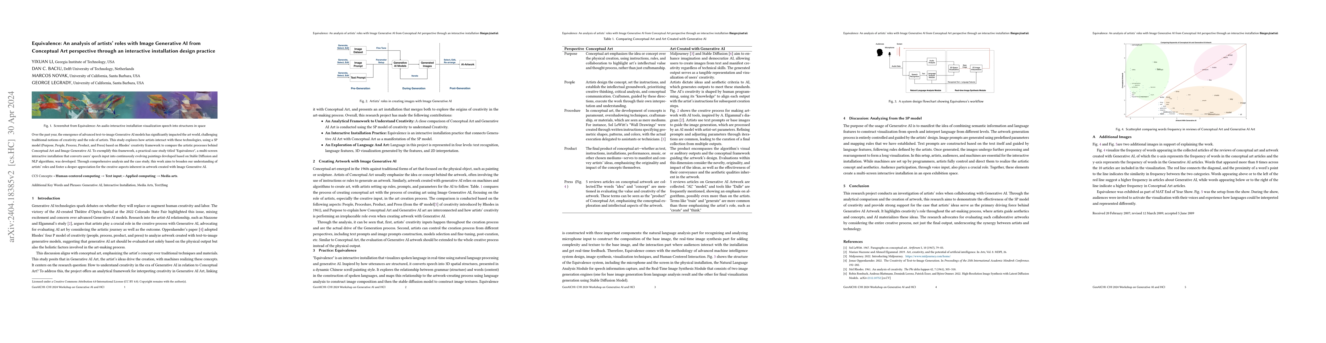 Thumbnail for Equivalence: An analysis of artists' roles with Image Generative AI from
  Conceptual Art perspective through an interactive installation design
  practice