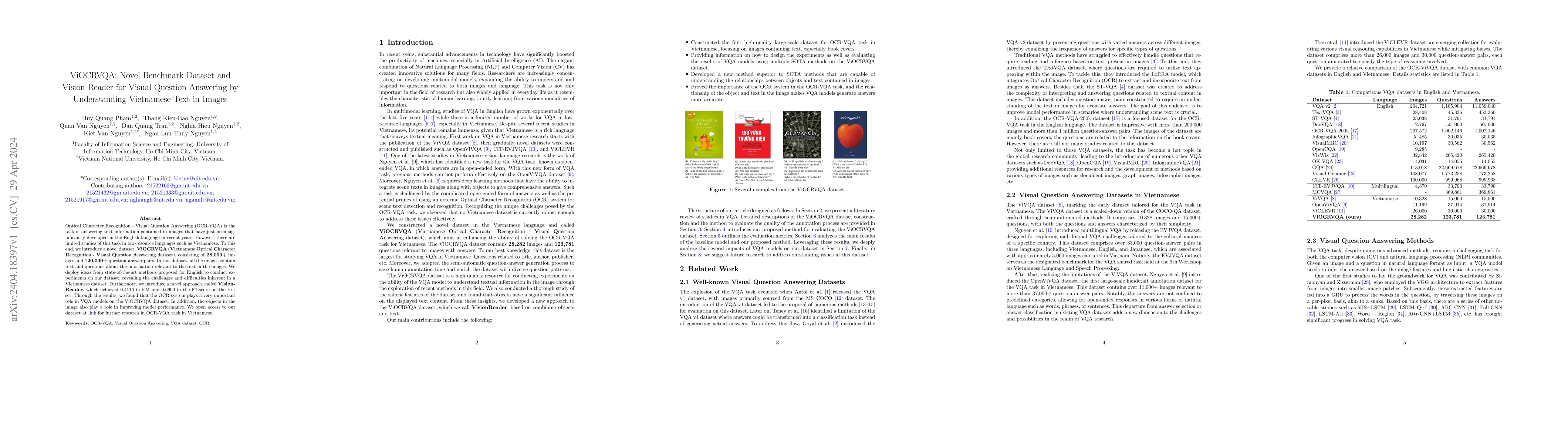 Thumbnail for ViOCRVQA: Novel Benchmark Dataset and Vision Reader for Visual Question
  Answering by Understanding Vietnamese Text in Images