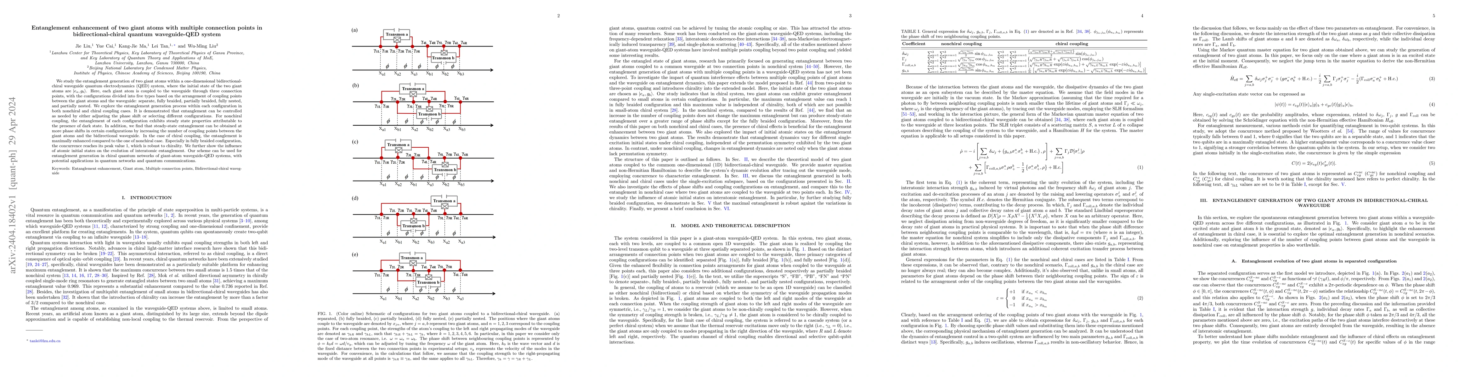 Thumbnail for Entanglement enhancement of two giant atoms with multiple connection
  points in bidirectional-chiral quantum waveguide-QED system