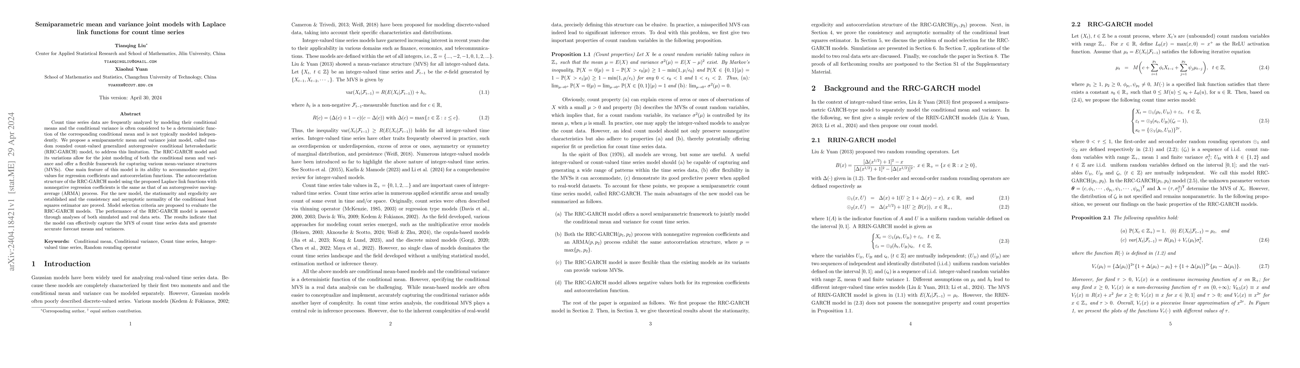 Thumbnail for Semiparametric mean and variance joint models with Laplace link
  functions for count time series