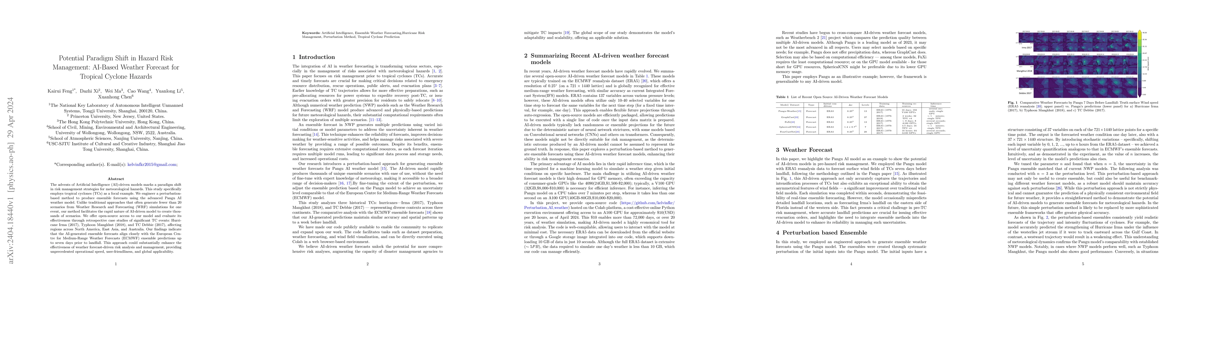 Thumbnail for Potential Paradigm Shift in Hazard Risk Management: AI-Based Weather
  Forecast for Tropical Cyclone Hazards