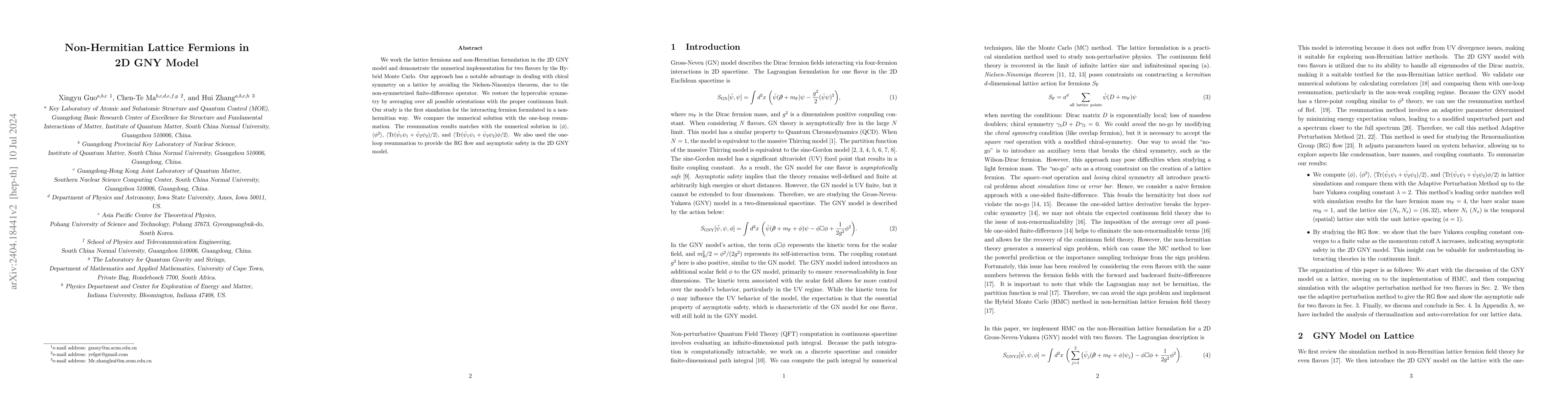 Thumbnail for Non-Hermitian Lattice Fermions in 2D GNY Model