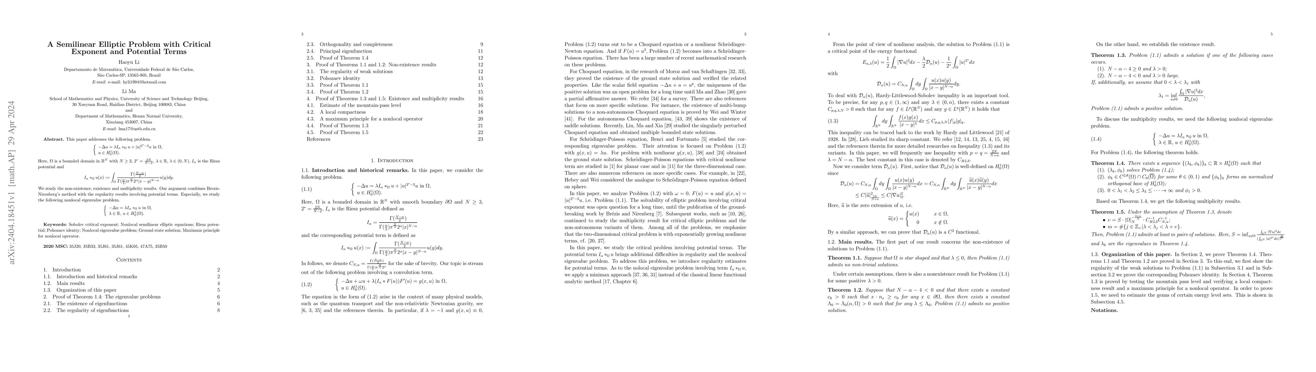 Thumbnail for A Semilinear Elliptic Problem with Critical Exponent and Potential Terms