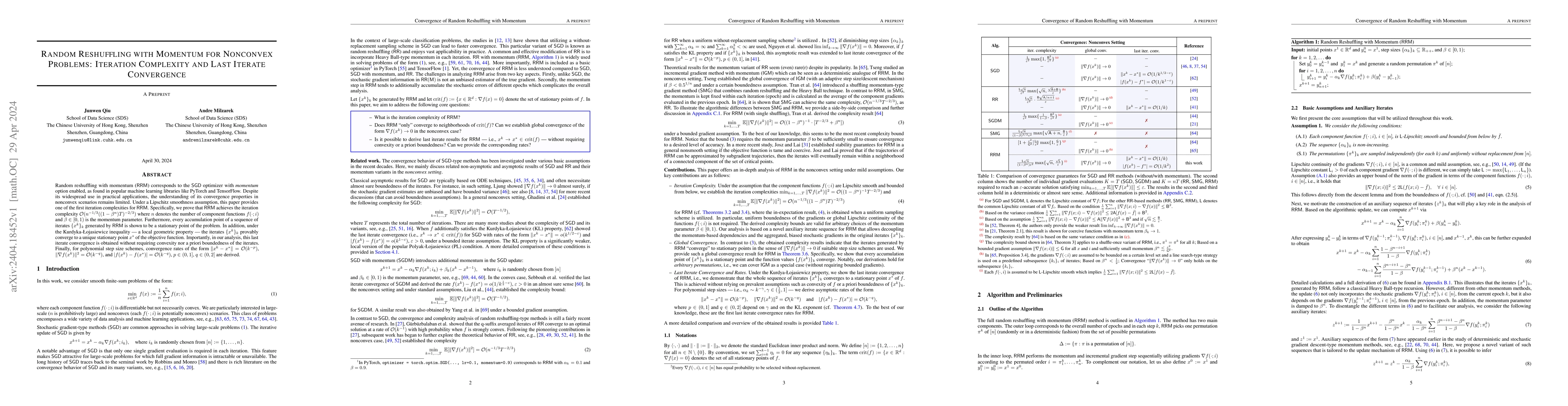 Thumbnail for Random Reshuffling with Momentum for Nonconvex Problems: Iteration
  Complexity and Last Iterate Convergence