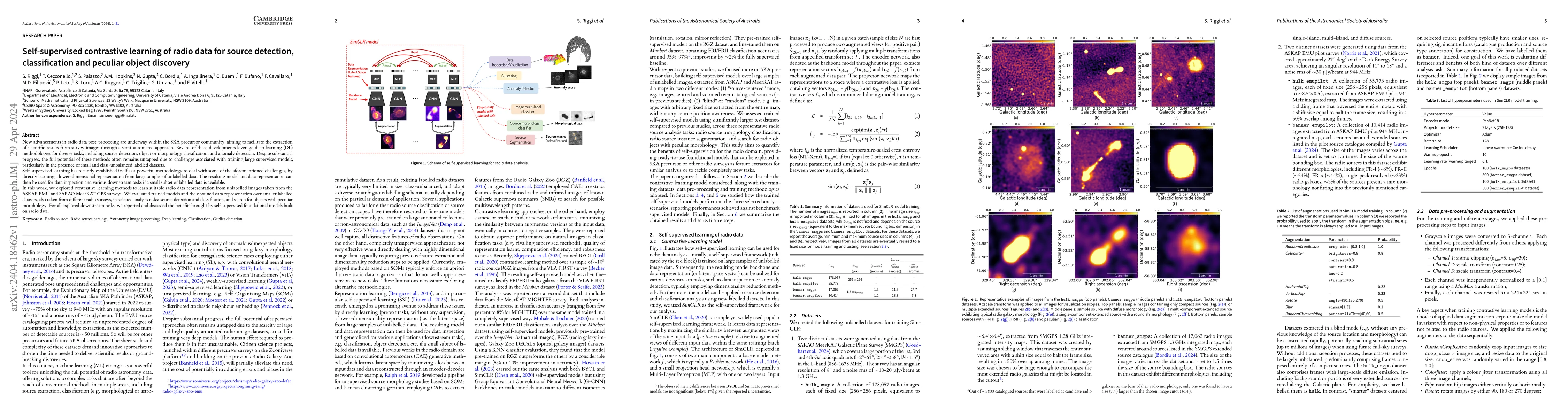 Thumbnail for Self-supervised contrastive learning of radio data for source detection,
  classification and peculiar object discovery