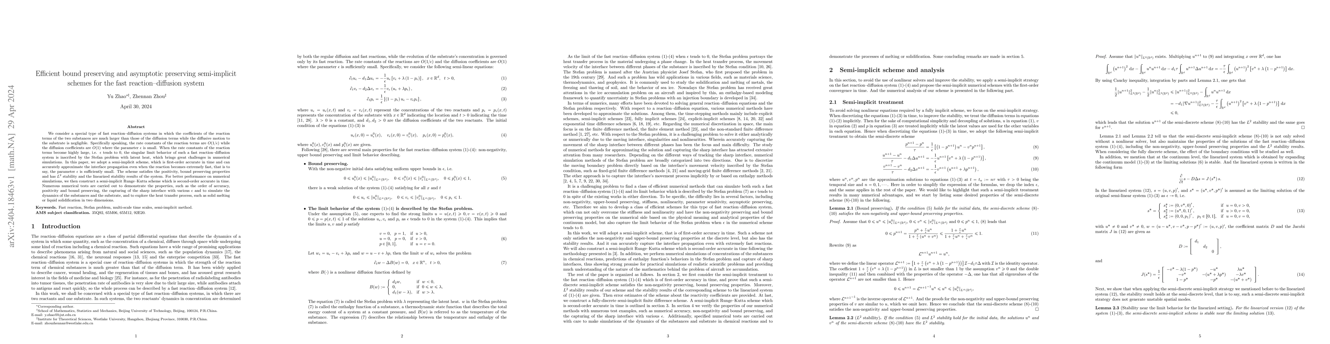 Thumbnail for Efficient bound preserving and asymptotic preserving semi-implicit
  schemes for the fast reaction-diffusion system
