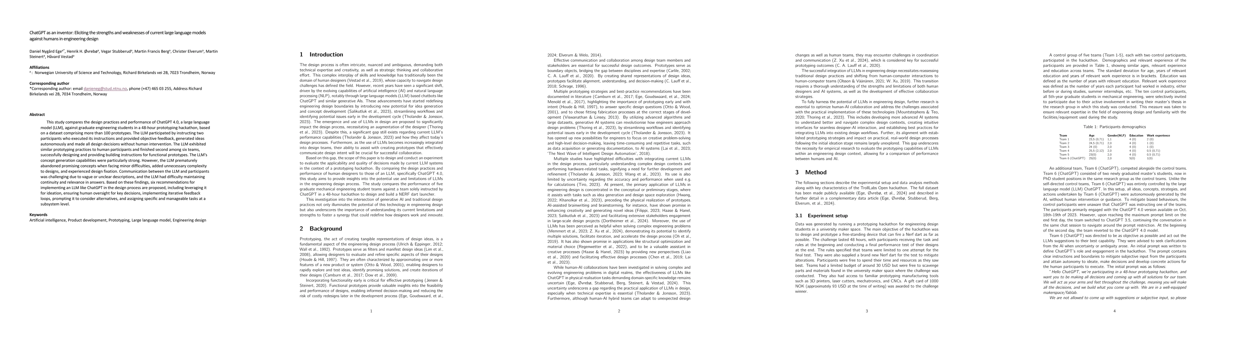 Thumbnail for ChatGPT as an inventor: Eliciting the strengths and weaknesses of
  current large language models against humans in engineering design