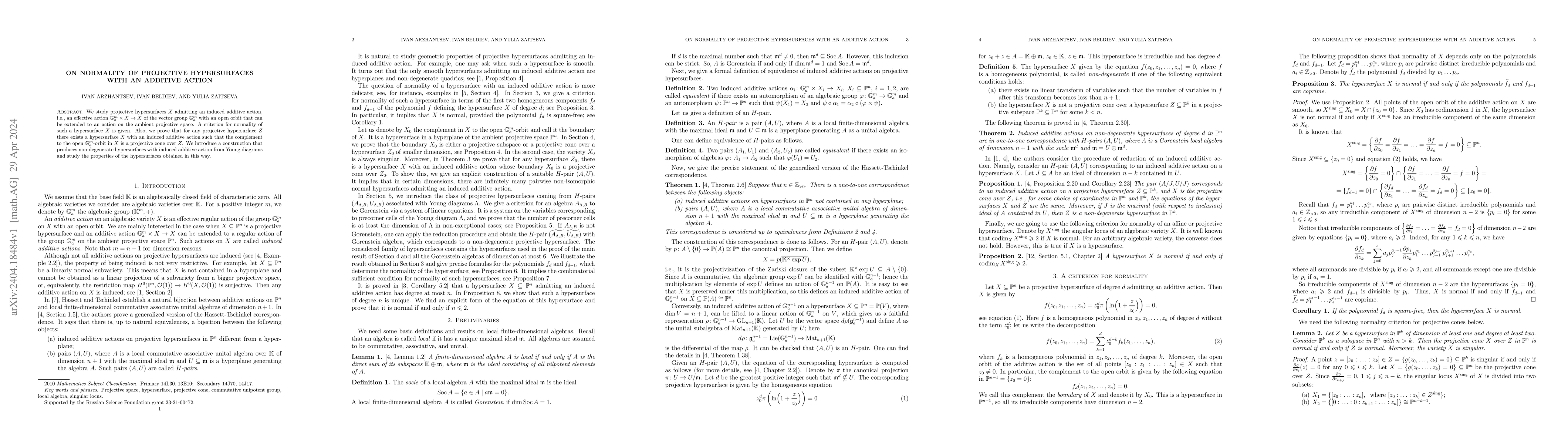 Thumbnail for On Normality of Projective Hypersurfaces with an Additive Action