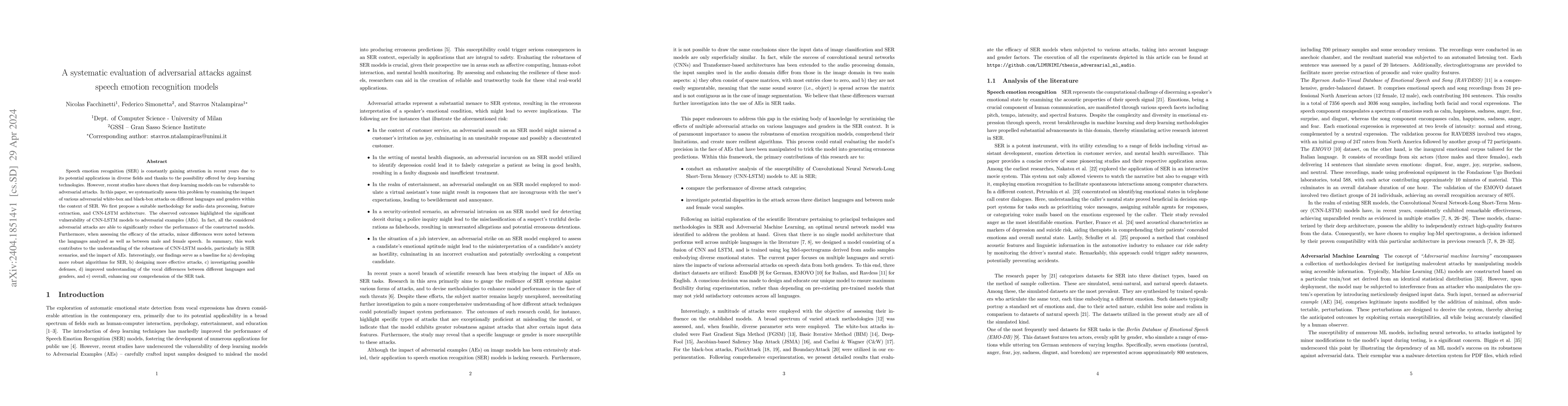 Thumbnail for A Systematic Evaluation of Adversarial Attacks against Speech Emotion
  Recognition Models
