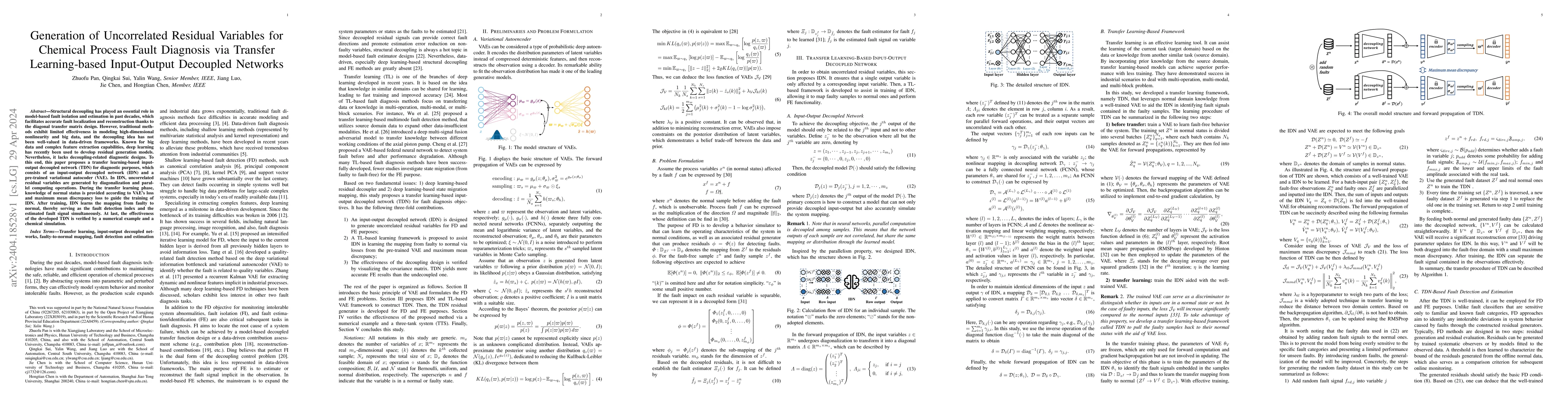 Thumbnail for Generation of Uncorrelated Residual Variables for Chemical Process Fault
  Diagnosis via Transfer Learning-based Input-Output Decoupled Network