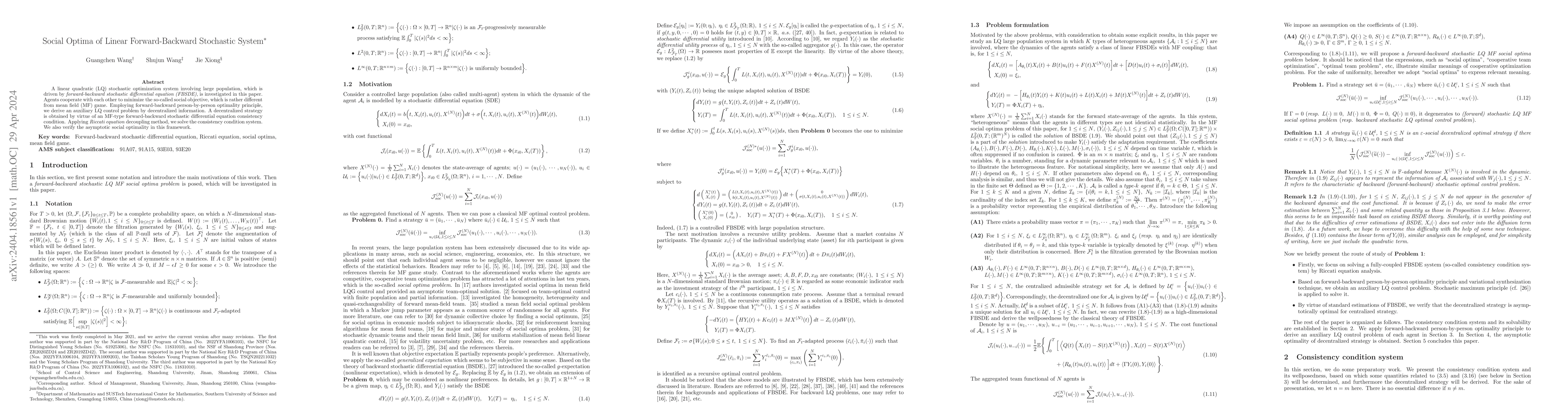 Thumbnail for Social Optima of Linear Forward-Backward Stochastic System