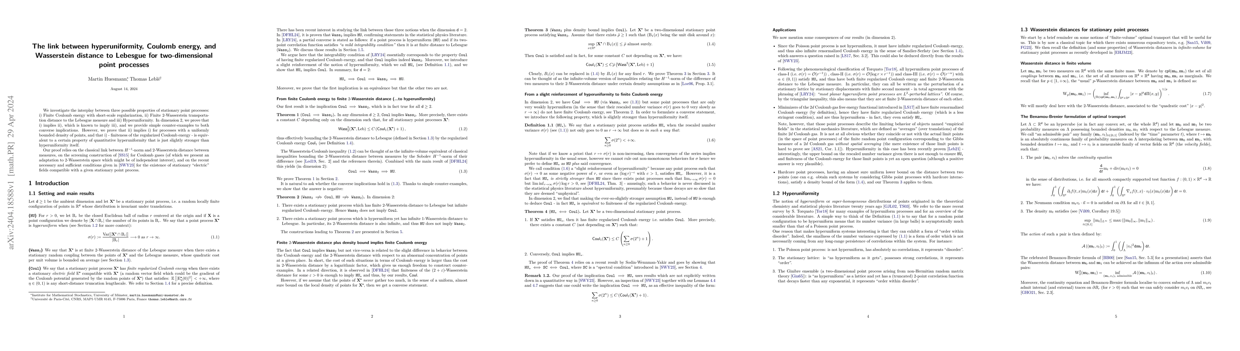 Thumbnail for The link between hyperuniformity, Coulomb energy, and Wasserstein
  distance to Lebesgue for two-dimensional point processes