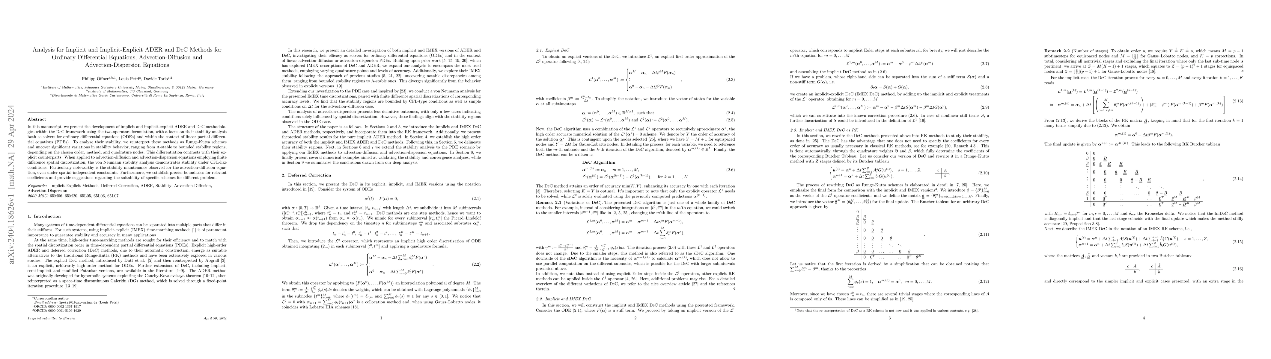 Thumbnail for Analysis for Implicit and Implicit-Explicit ADER and DeC Methods for
  Ordinary Differential Equations, Advection-Diffusion and Advection-Dispersion
  Equations