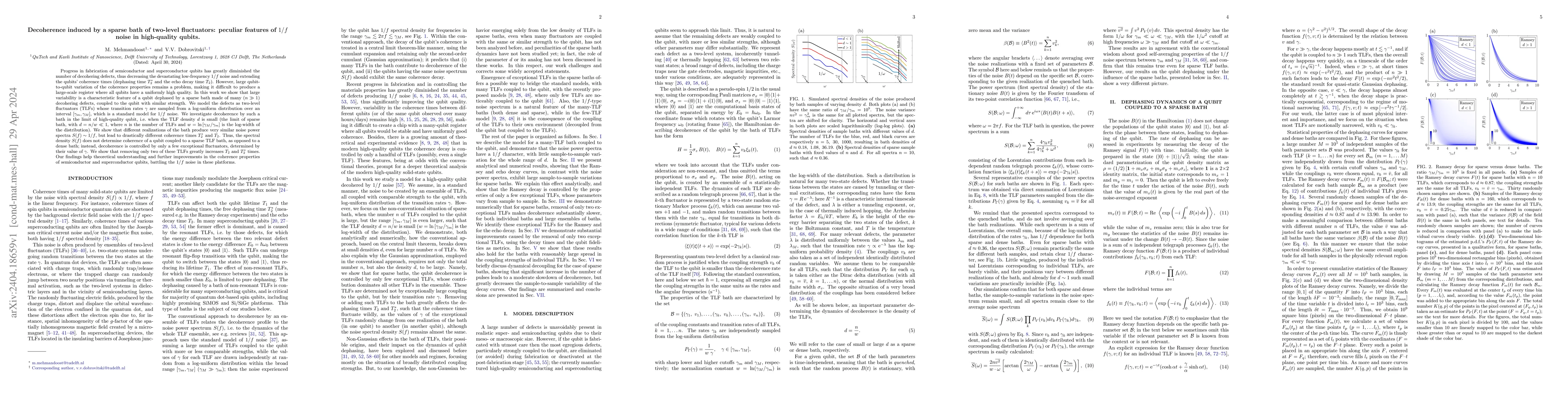 Thumbnail for Decoherence induced by a sparse bath of two-level fluctuators: peculiar
  features of $1/f$ noise in high-quality qubits