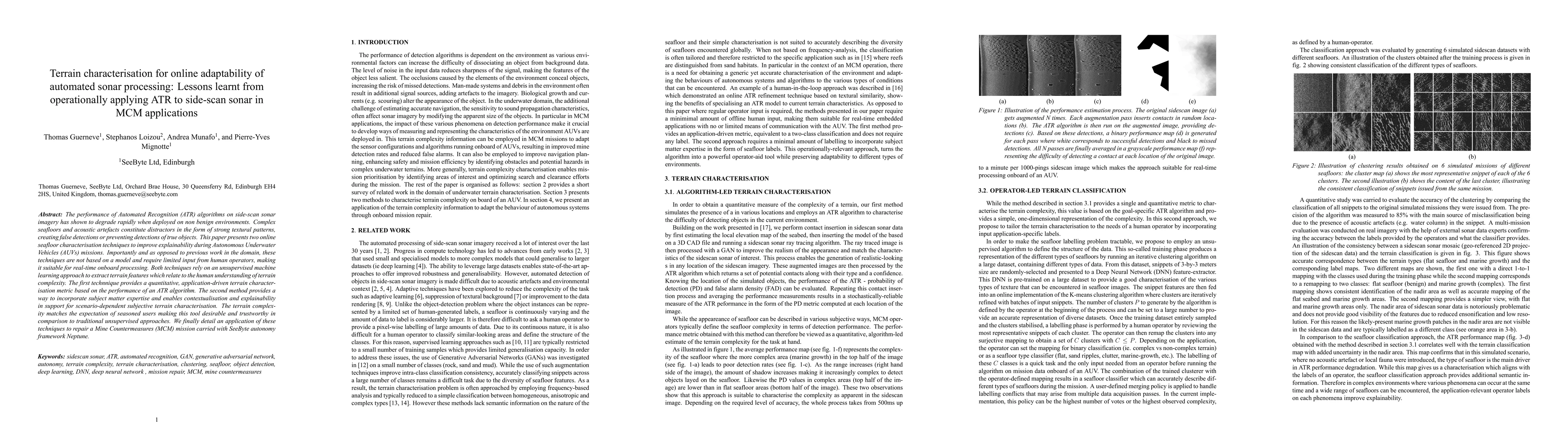 Thumbnail for Terrain characterisation for online adaptability of automated sonar
  processing: Lessons learnt from operationally applying ATR to sidescan sonar
  in MCM applications