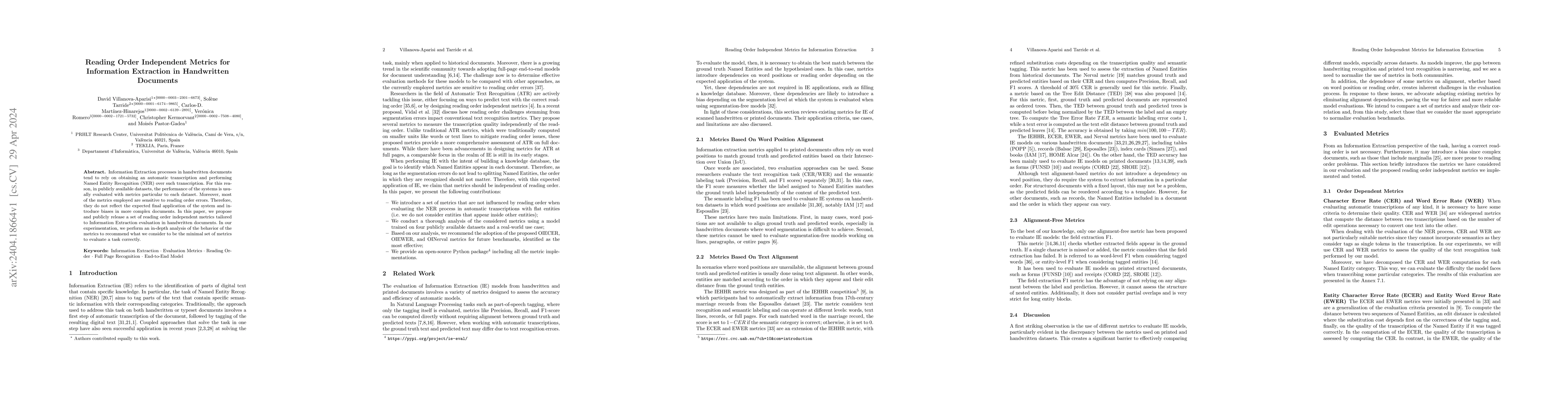 Thumbnail for Reading Order Independent Metrics for Information Extraction in
  Handwritten Documents