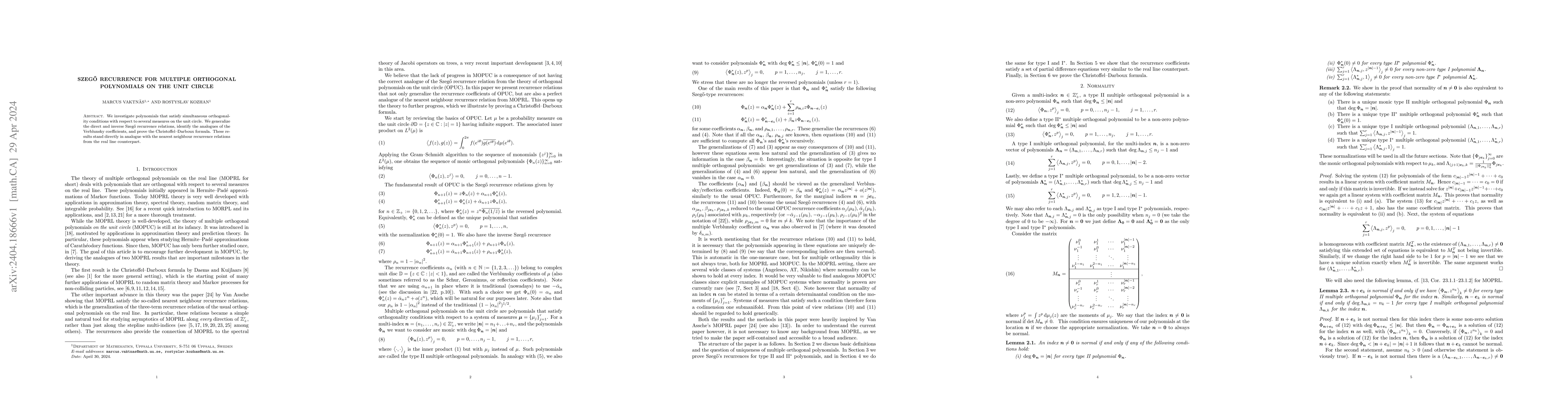 Thumbnail for Szeg\H{o} Recurrence for Multiple Orthogonal Polynomials on the Unit
  Circle