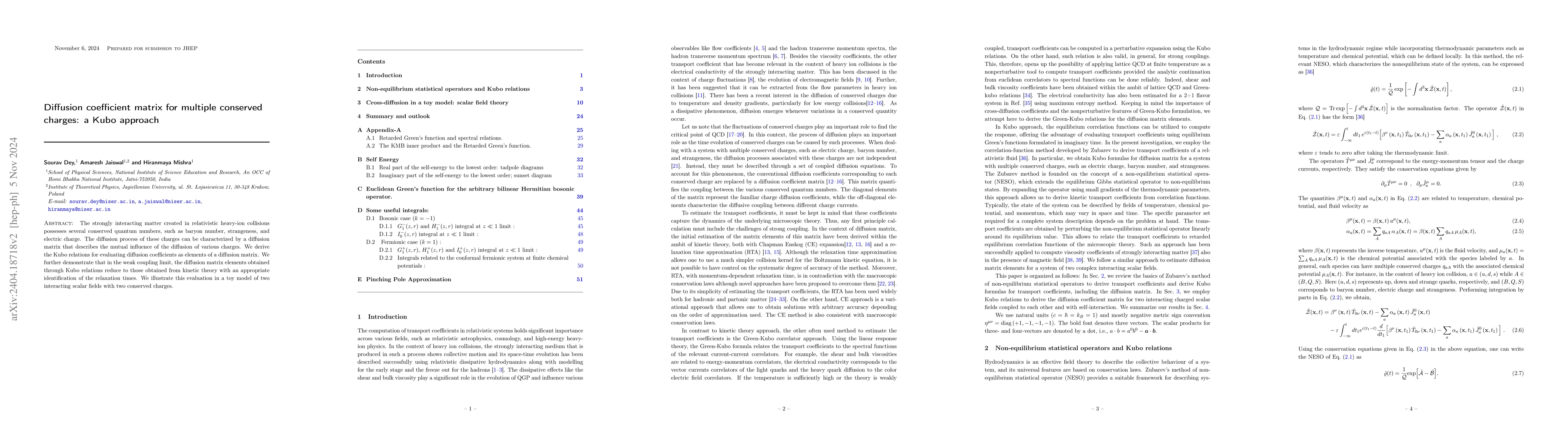 Thumbnail for Diffusion coefficient matrix for multiple conserved charges: a Kubo
  approach