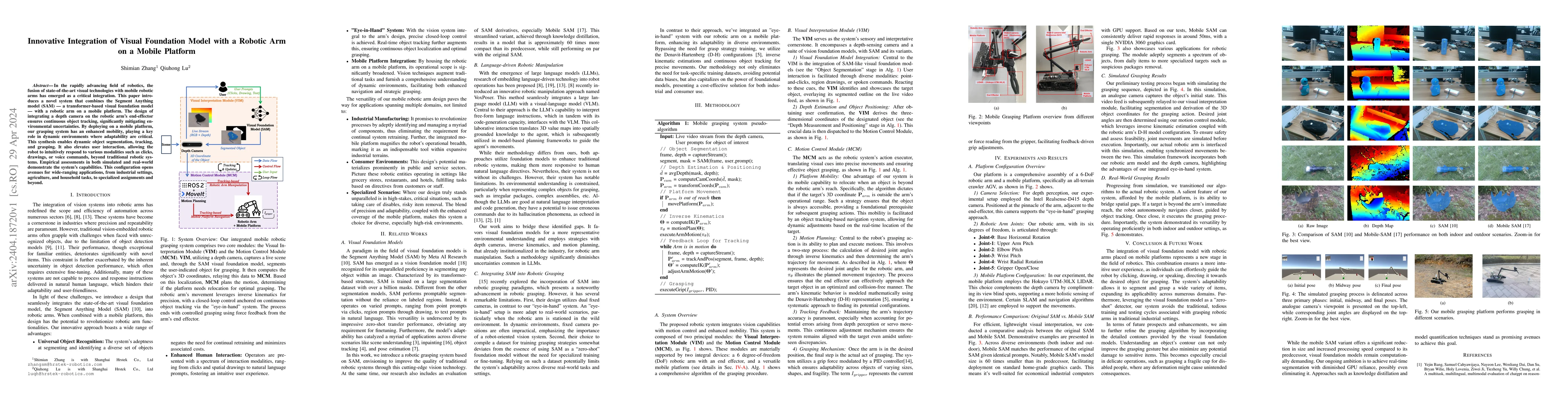 Thumbnail for Innovative Integration of Visual Foundation Model with a Robotic Arm on
  a Mobile Platform